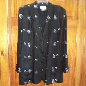 BLOOMINGDALE'S black w/white floral embroidery linen blazer sz 14 woman